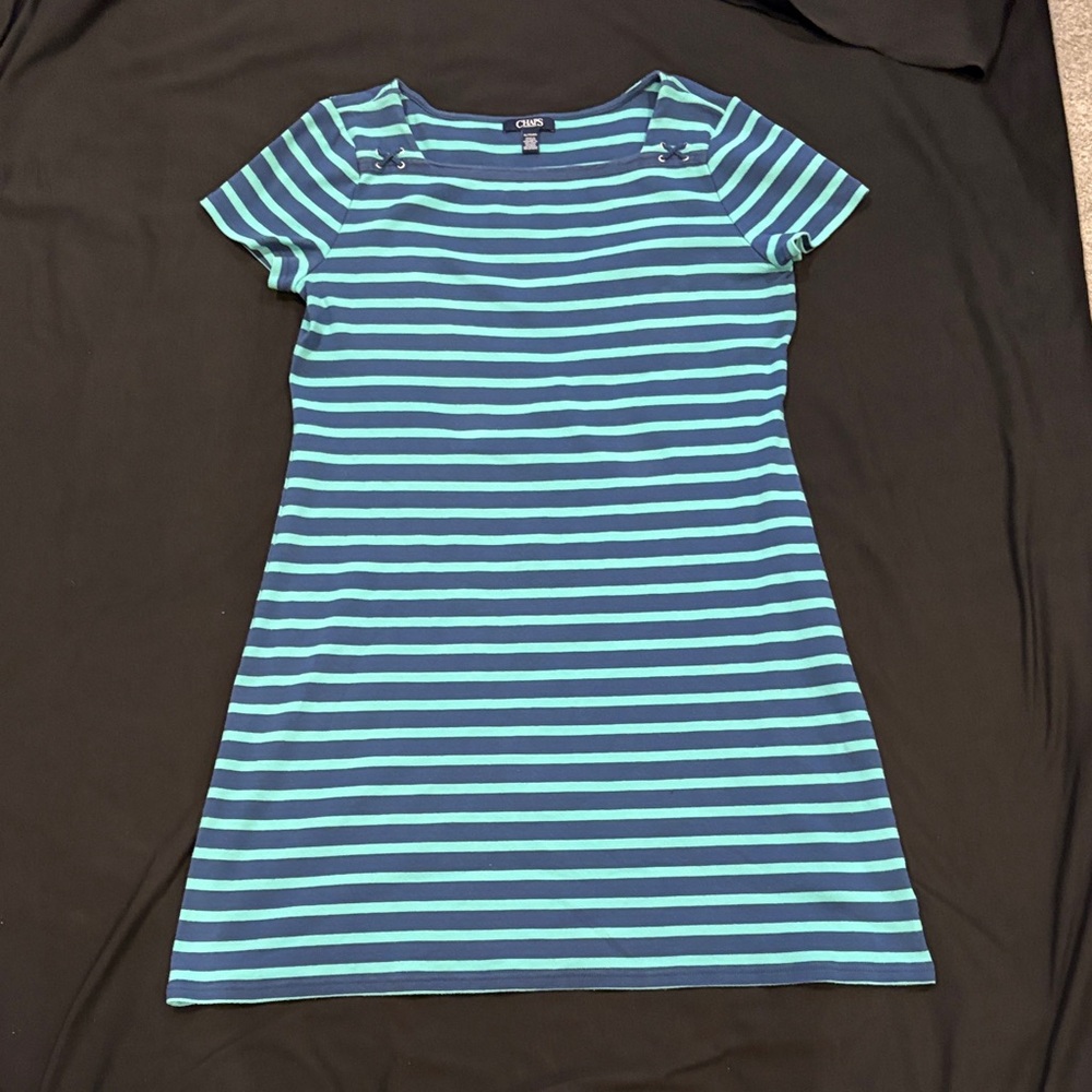 Chaps Teal and Navy Striped Dress